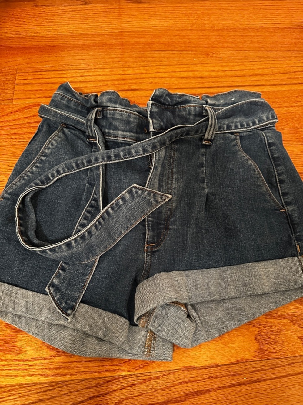 Express Dark Blue Denim Paperbag Waist Shorts with Tie Belt